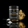 Black tub of Titan L-Glutamine powder with gold text, a white scoop, and a glowing golden anatomical human figure.