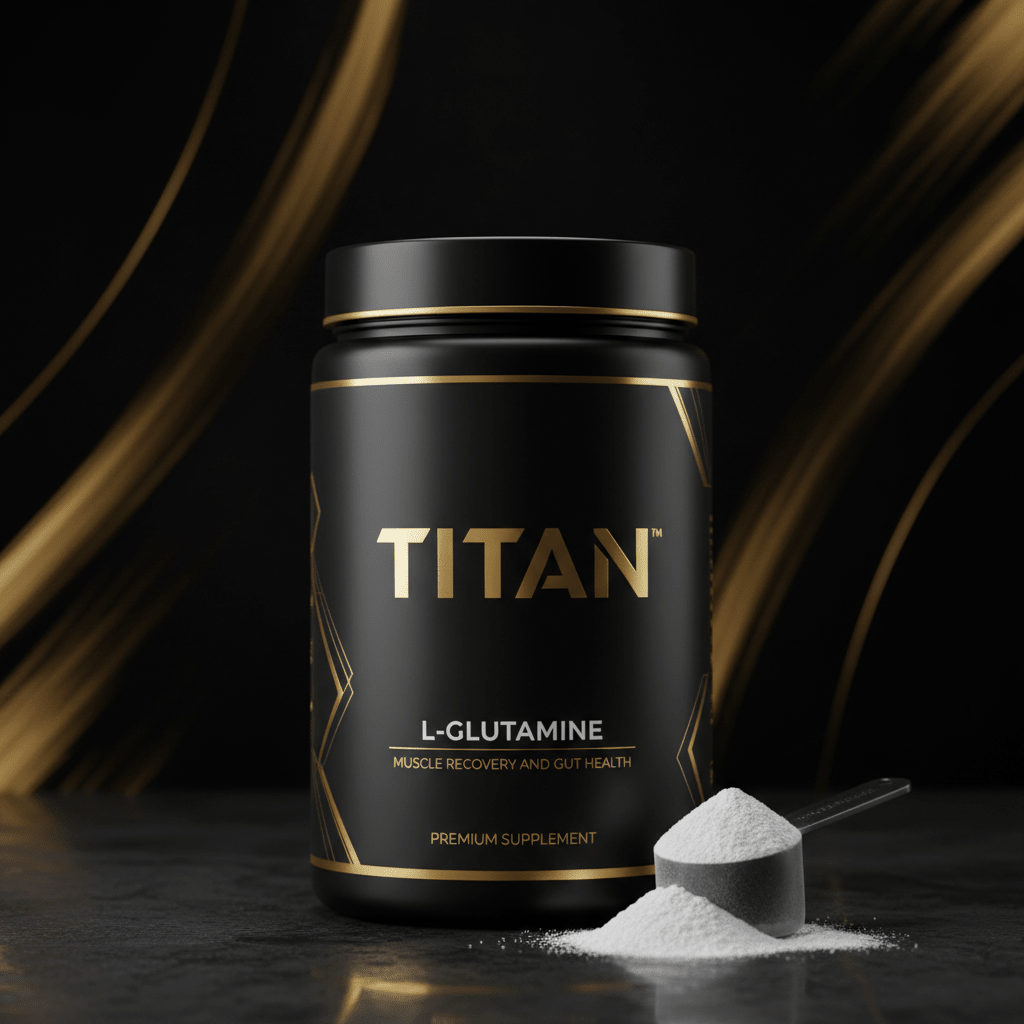TITAN L-Glutamine black and gold tub with white powder scoop on a black surface against a gold-swirled background.