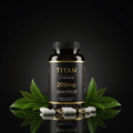 Amber bottle of TITAN L-Theanine 200mg, gold text on black label, surrounded by green tea leaves and white capsules.