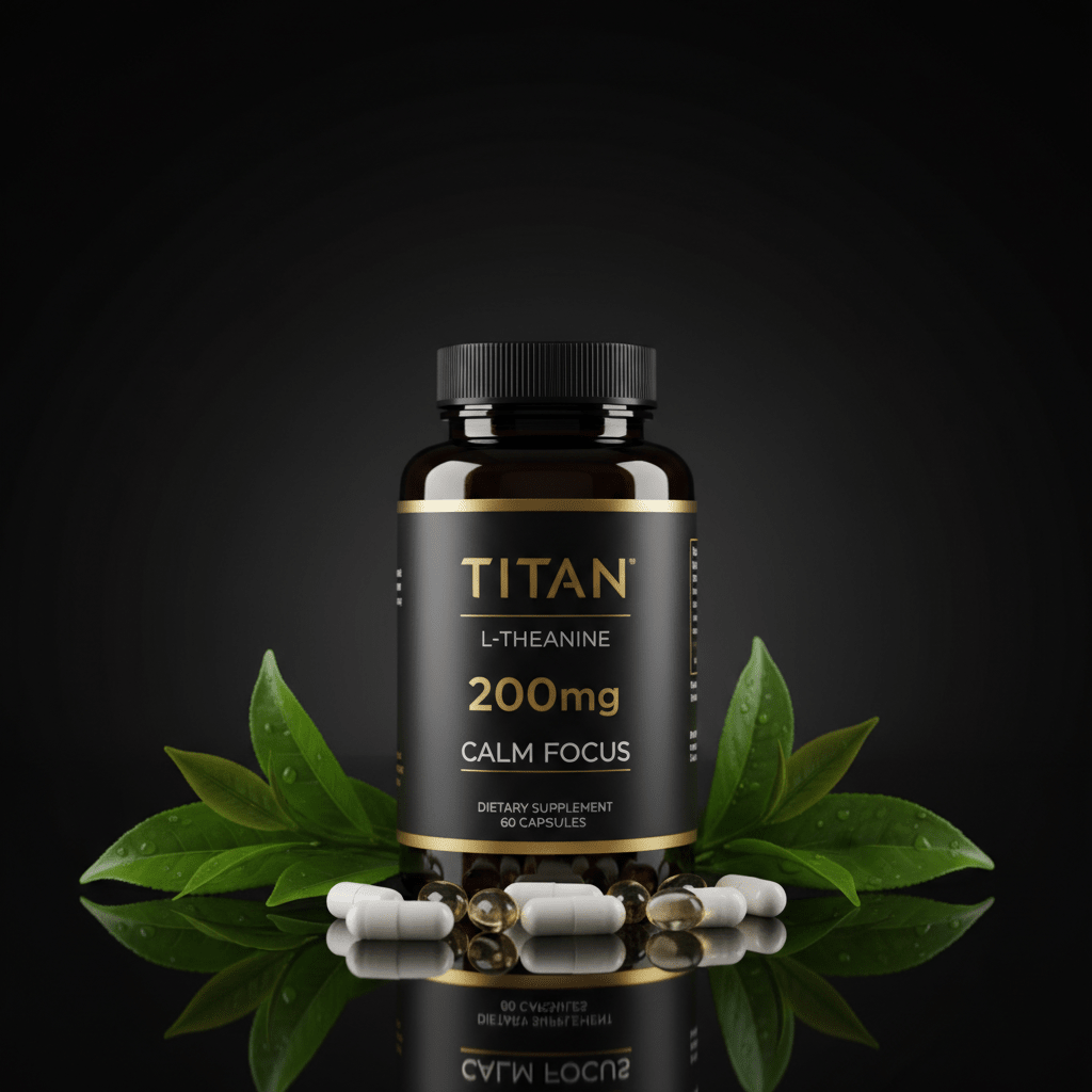 Amber bottle of TITAN L-Theanine 200mg, gold text on black label, surrounded by green tea leaves and white capsules.