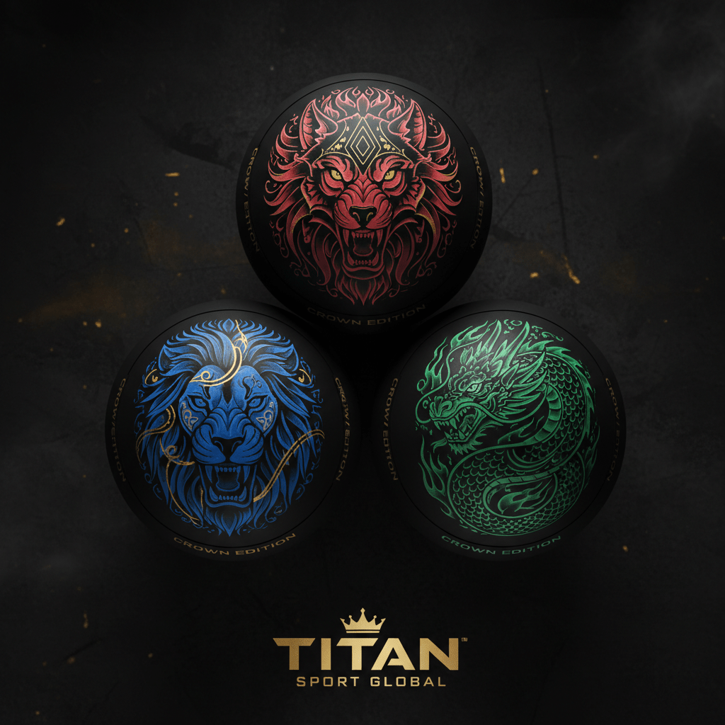Three black lacrosse balls with red lion, blue lion, and green dragon intricate graphics, marked "Crown Edition."