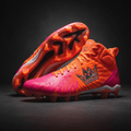 TITAN Neon Sunset lacrosse cleat with orange-pink sunburst pattern, silver crown logo, and molded orange outsole.