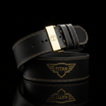 Black 4-inch leather weightlifting belt with gold "TITAN" logo, contrast stitching, and a gold metal buckle.
