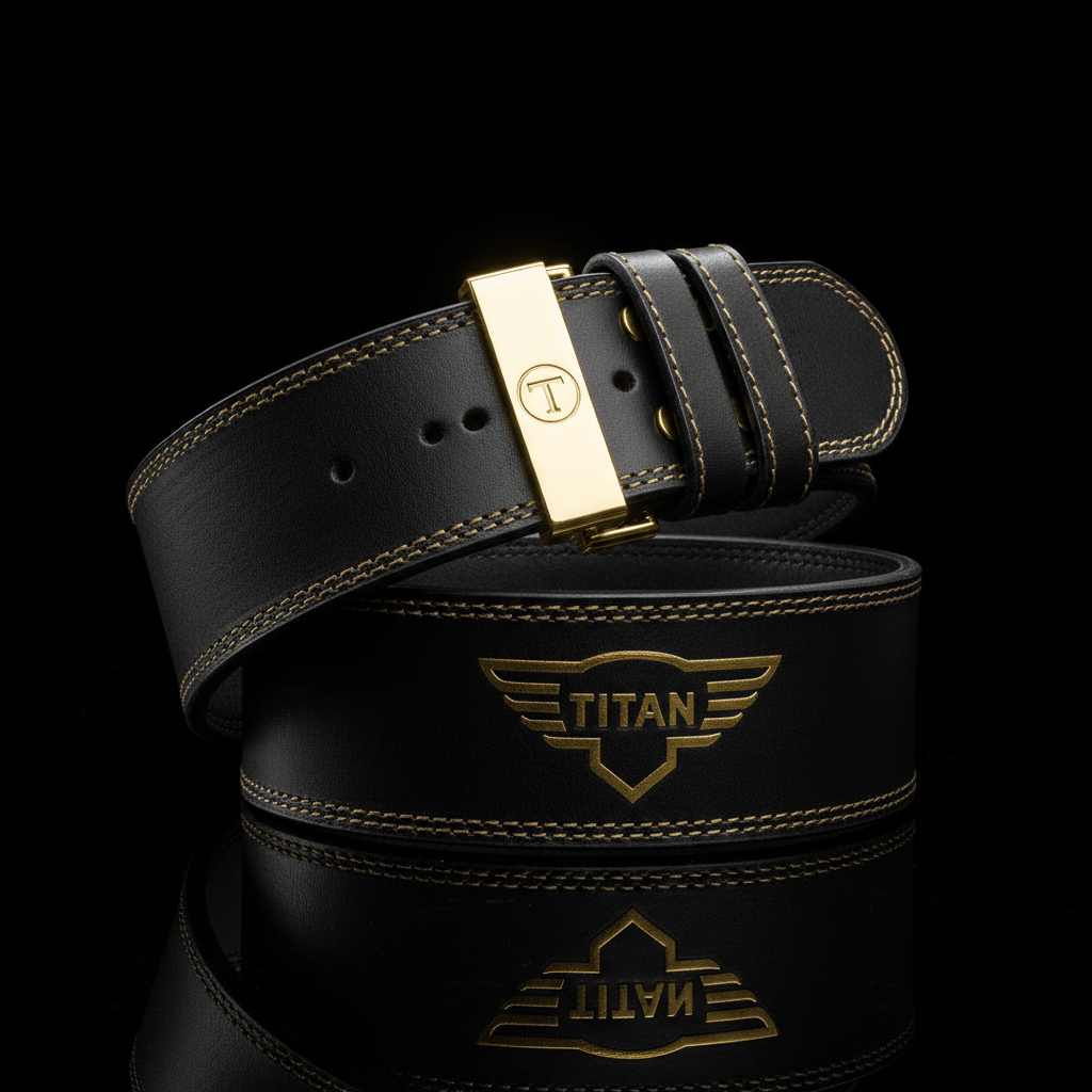Black 4-inch leather weightlifting belt with gold "TITAN" logo, contrast stitching, and a gold metal buckle.