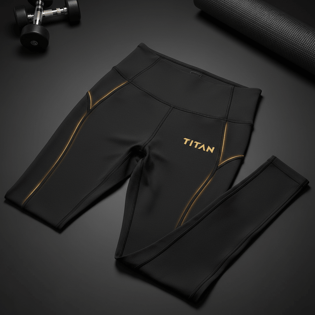 Black high-waist Titan leggings with gold accent piping and logo, displayed on a gym floor with weights and a mat.