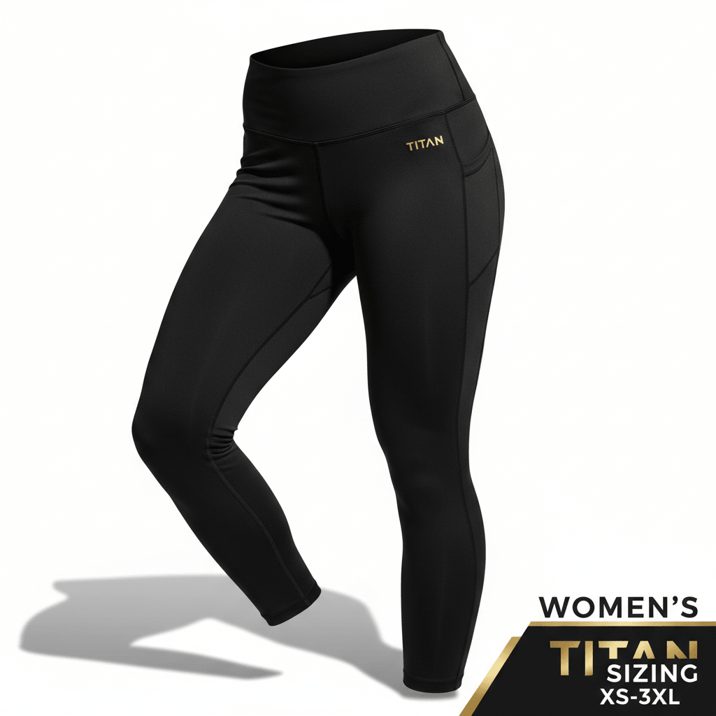 Women's high-waisted black athletic leggings with side pockets and a small gold TITAN logo on the hip.