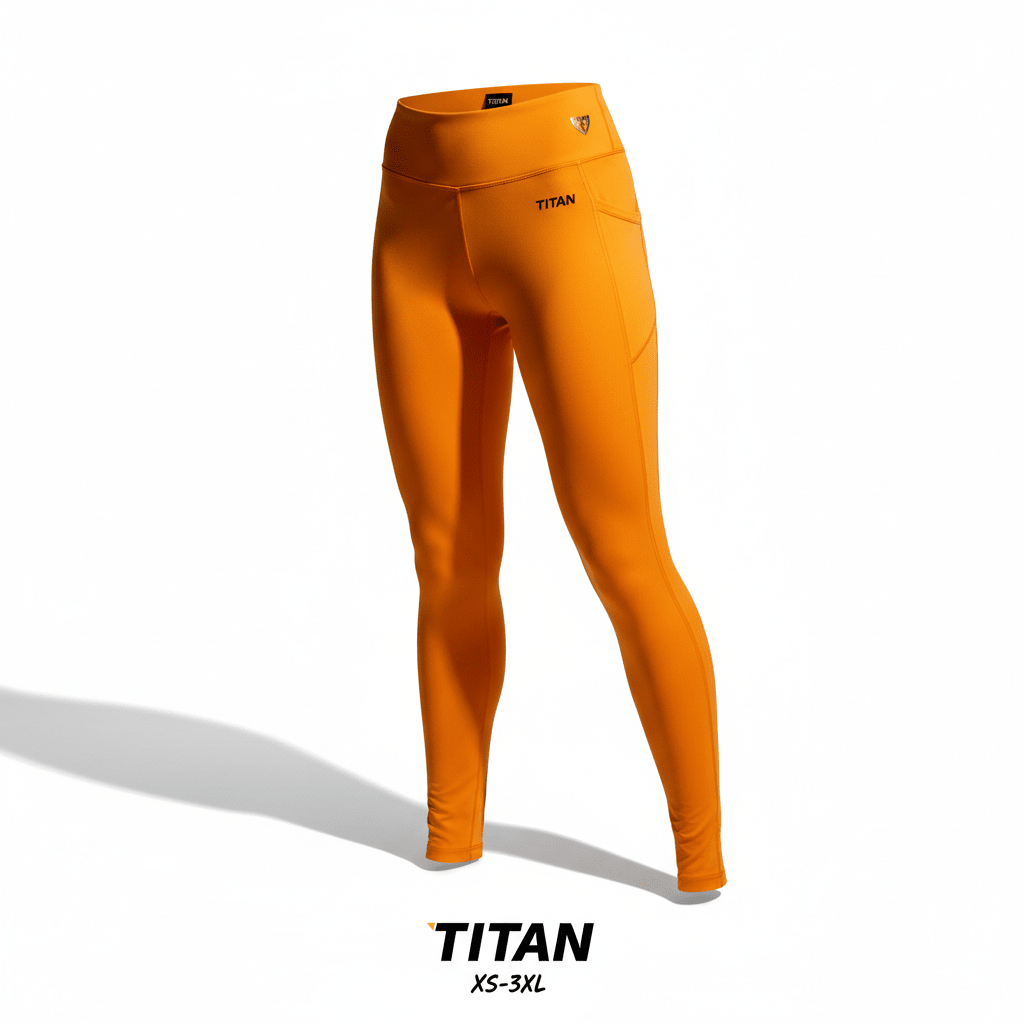 Bright orange high-waist women's leggings with TITAN branding, side pockets, and a gold emblem on a white background.