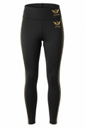 Black high-waisted leggings with gold side piping and gold TITAN logo and winged helmet graphic on the hip.
