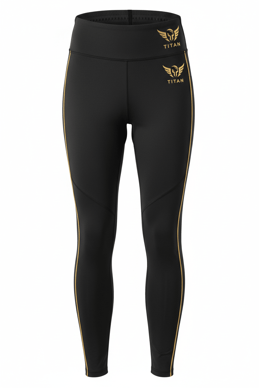 Black high-waisted leggings with gold side piping and gold TITAN logo and winged helmet graphic on the hip.