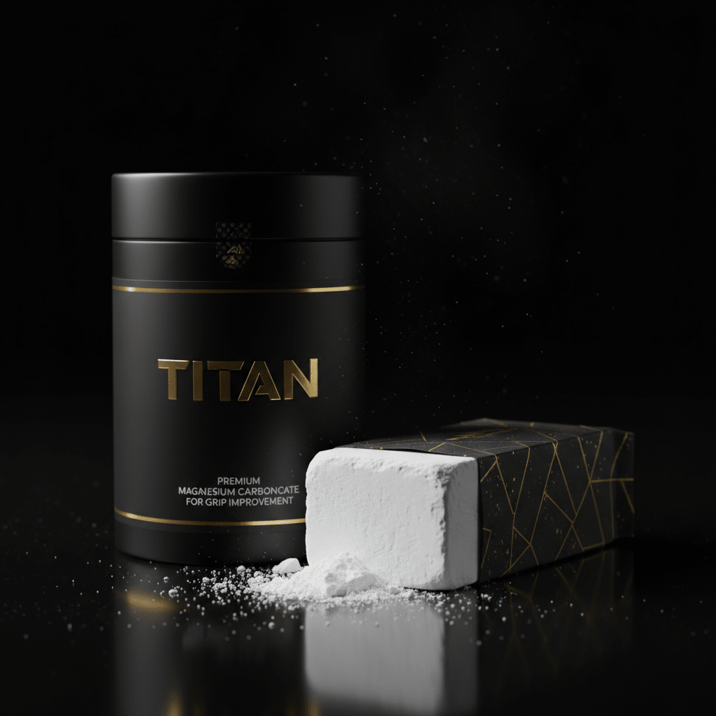 Black cylindrical container with gold "TITAN" logo next to a white chalk block on a reflective black surface.