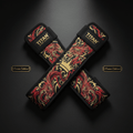 TITAN lifting straps in a black, red, and gold dragon print, crossed with Crown Edition branding on black background.
