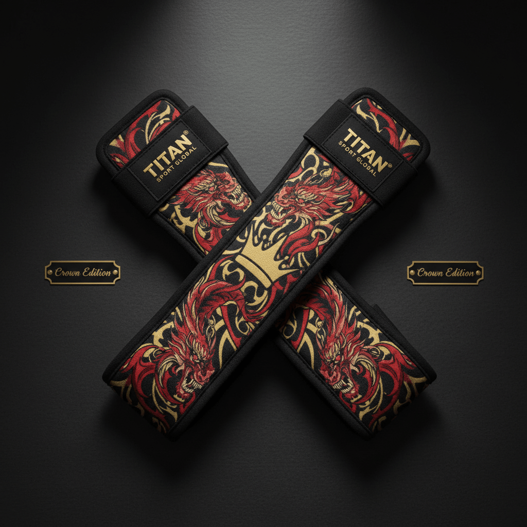 TITAN lifting straps in a black, red, and gold dragon print, crossed with Crown Edition branding on black background.