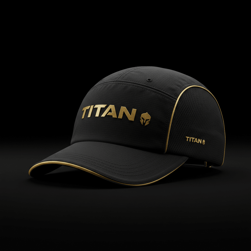 Black lightweight running cap with gold accents, metallic "TITAN" logo, and side mesh panels on a black background.