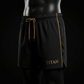 TITAN black lightweight running shorts with gold drawstring, side piping, and gold printed logo on the lower left leg.