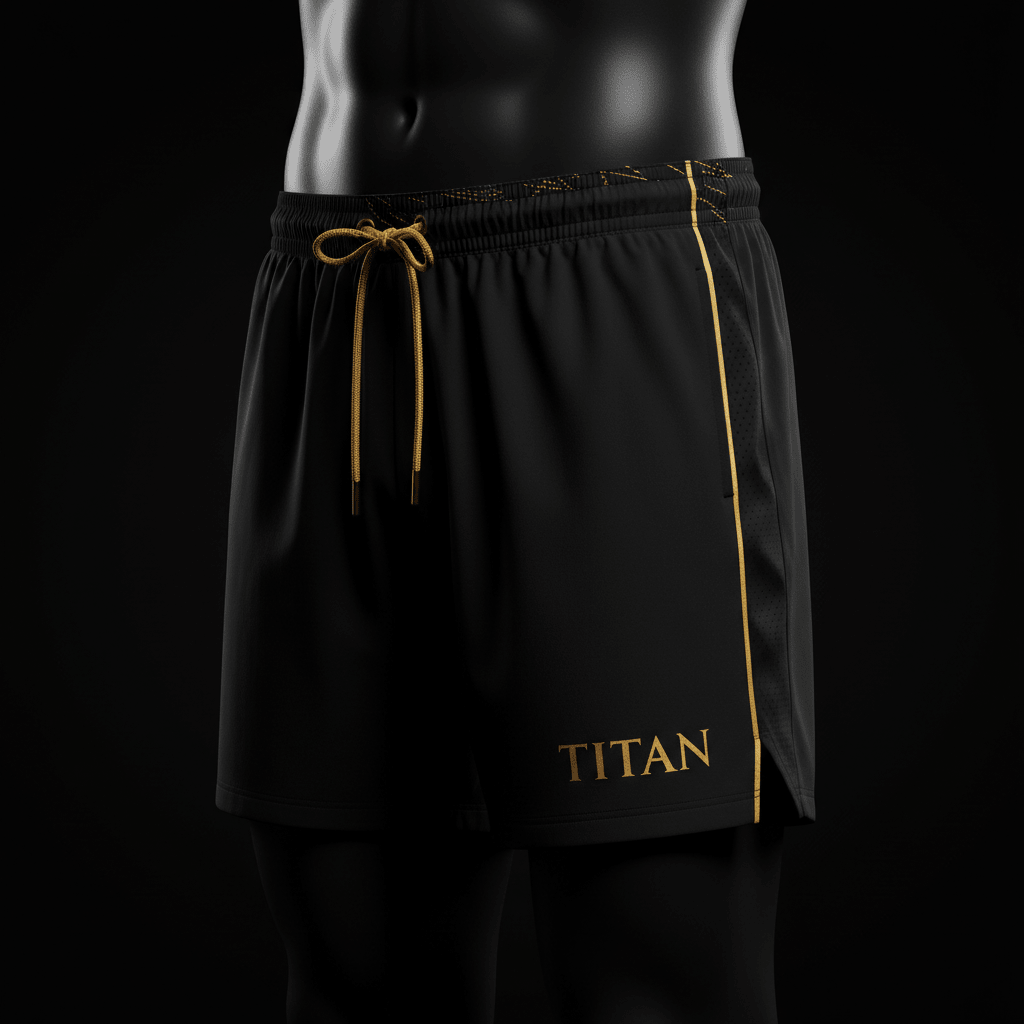 TITAN black lightweight running shorts with gold drawstring, side piping, and gold printed logo on the lower left leg.