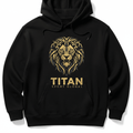 Black hoodie featuring a gold tribal lion head graphic and "TITAN SPORT GLOBAL" text in gold.