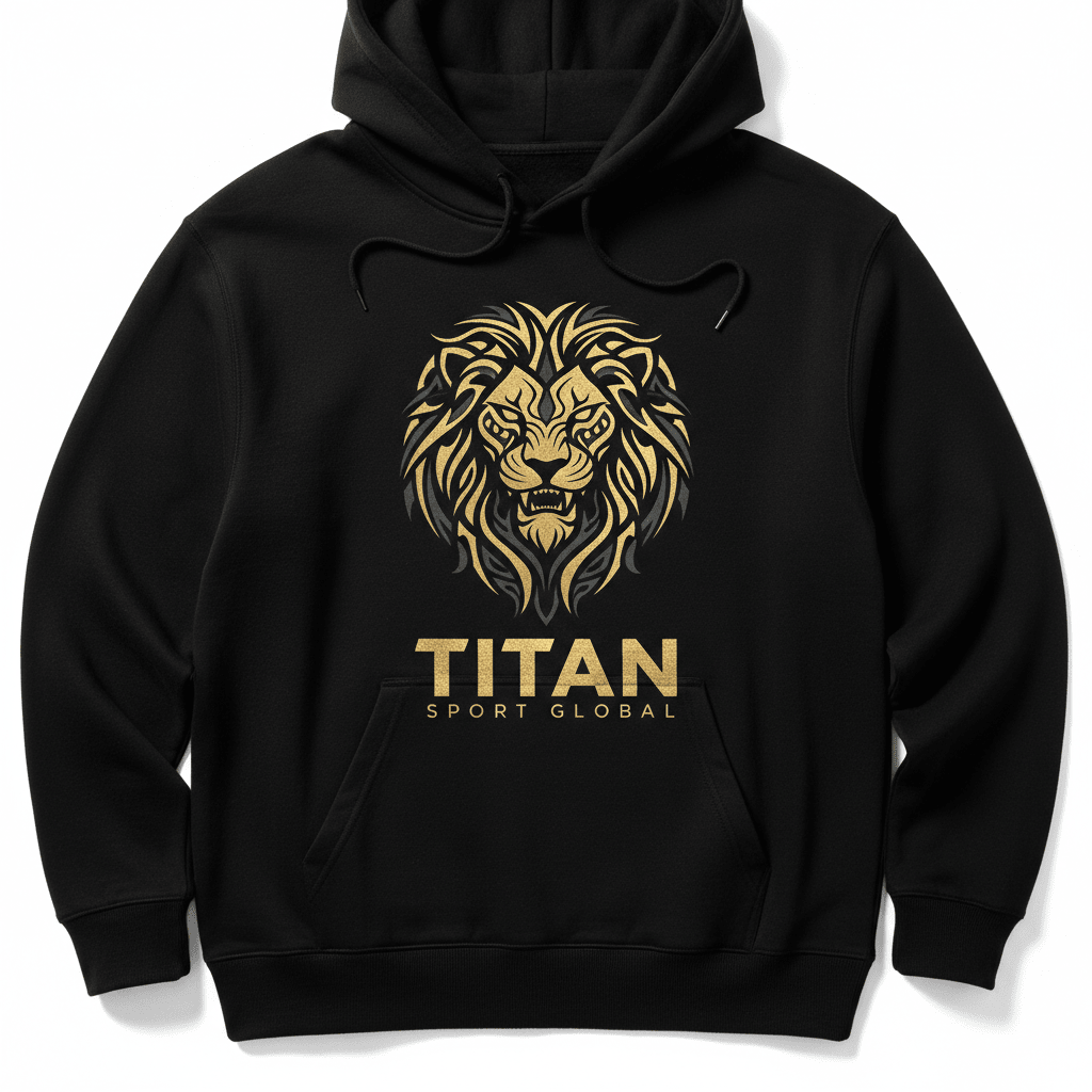 Black hoodie featuring a gold tribal lion head graphic and "TITAN SPORT GLOBAL" text in gold.