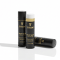 Three black TITAN Sport Balm tubes with gold branding, water droplets, and white cap against a white background.