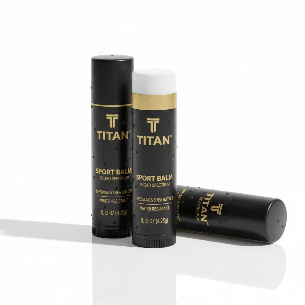 Three black TITAN Sport Balm tubes with gold branding, water droplets, and white cap against a white background.