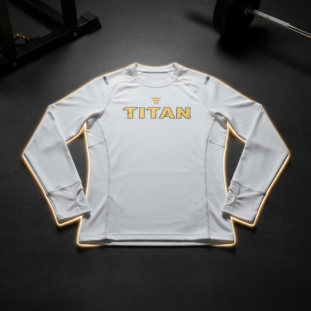 White long-sleeve compression shirt with gold Titan logo, crew neck, and thumbhole cuffs on a gym floor background.