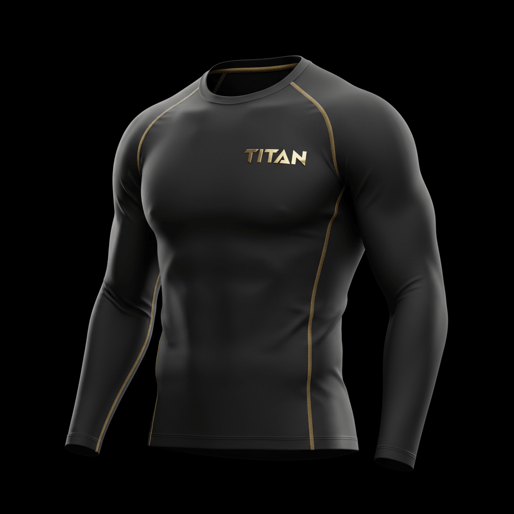 Black long-sleeve compression shirt with gold stitching and gold metallic TITAN logo on the chest.