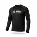 Black long-sleeve performance shirt by TITAN with metallic gold chest logo and thumbhole cuffs on sleeves.