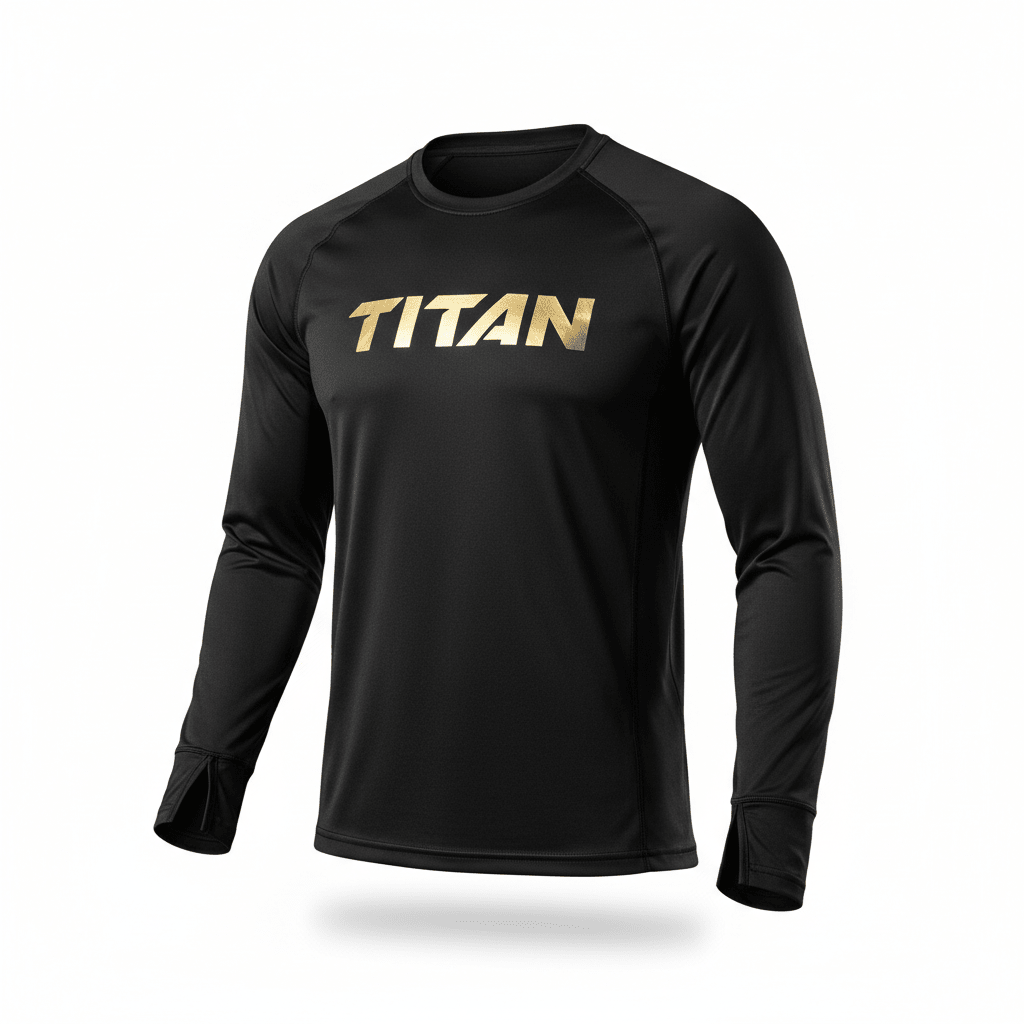 Black long-sleeve performance shirt by TITAN with metallic gold chest logo and thumbhole cuffs on sleeves.