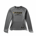 TITAN women's gray athletic long-sleeve T-shirt with black and yellow logo, side panels, and moisture-wicking texture.