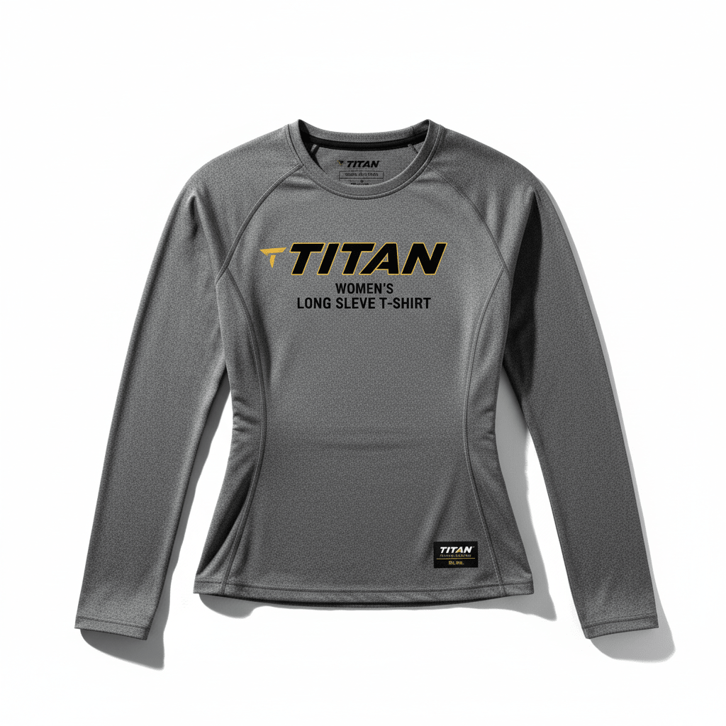 TITAN women's gray athletic long-sleeve T-shirt with black and yellow logo, side panels, and moisture-wicking texture.