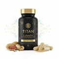 Black bottle of Titan Luteolin Peanut Extract with gold lettering, peanuts, and powder capsules on a white background.