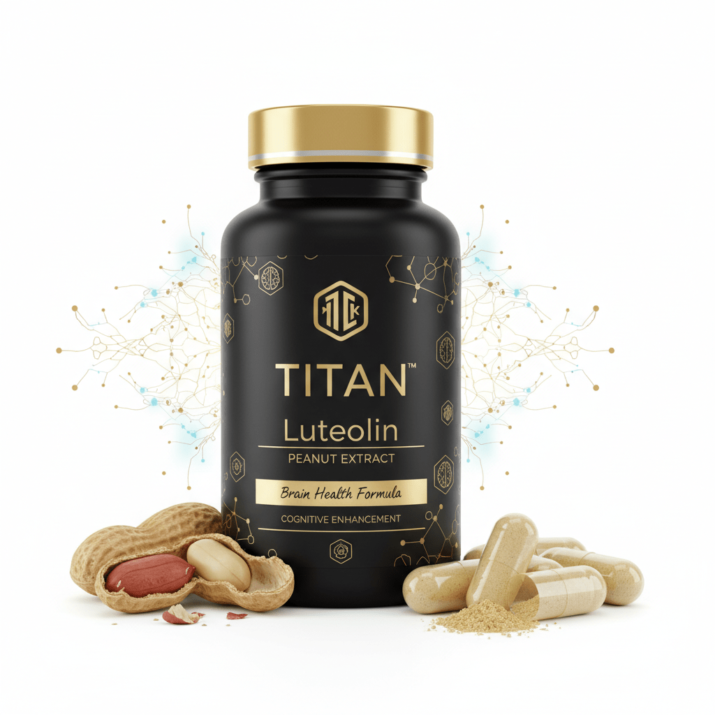 Black bottle of Titan Luteolin Peanut Extract with gold lettering, peanuts, and powder capsules on a white background.