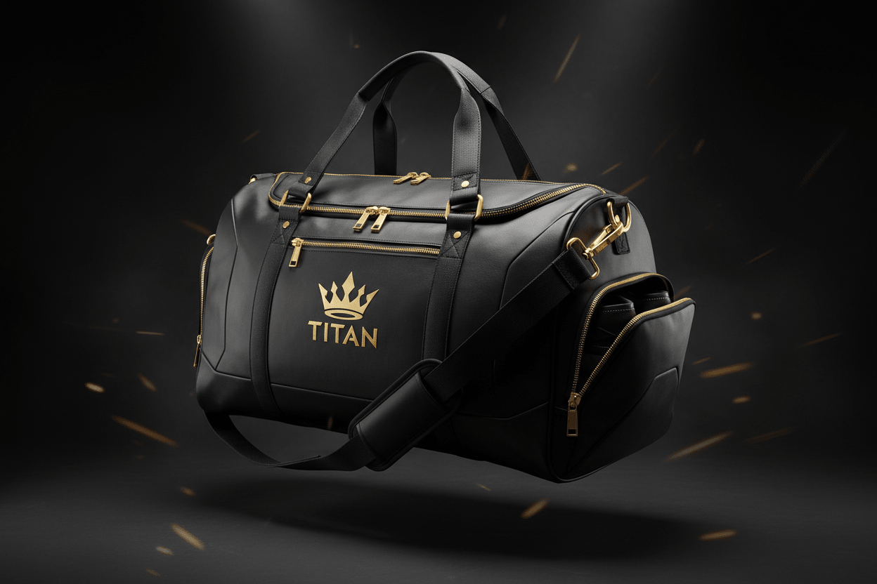 Black TITAN luxury gym bag with gold zippers, hardware, and a prominent gold crown logo on a dark background.