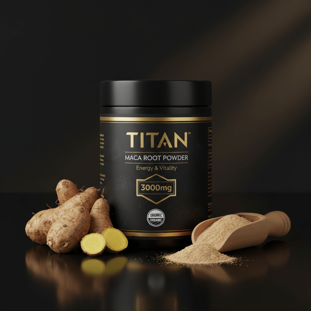 Black jar of Titan Maca Root Powder with gold text, raw maca roots, and a wooden scoop of beige powder on dark surface.