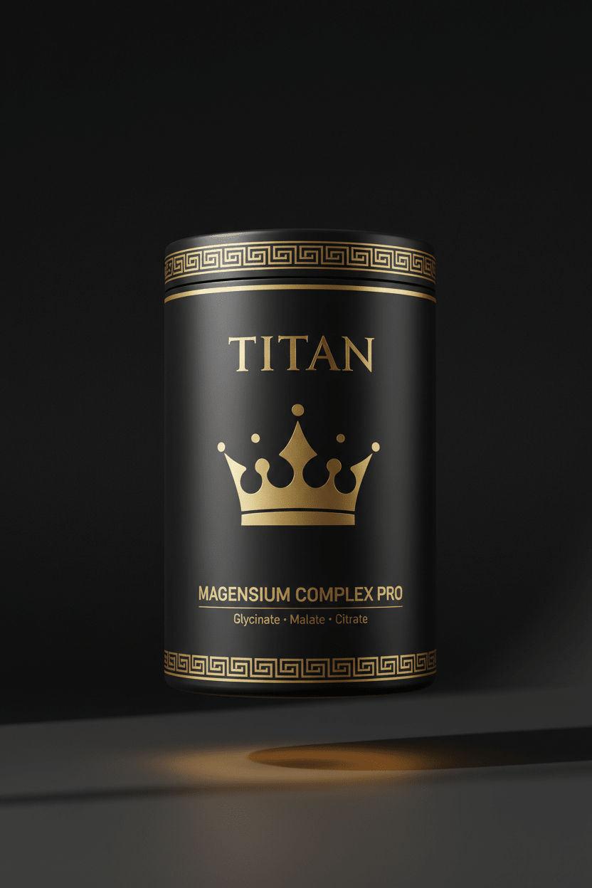 Black canister with gold Greek key trim, crown logo, and Titan Magnesium Complex text on a dark background.