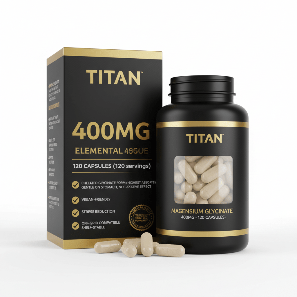 TITAN Magnesium Glycinate 400mg black and gold box and bottle with visible tan capsules on a white background.