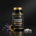 TITAN Magnesium Glycinate bottle in black and gold with lavender sprigs, a gold crescent moon, and white capsules.