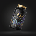 Black supplement bottle with gold cap, featuring purple, teal, and gold floral and wave artwork on a black label.