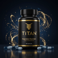 Black bottle of Titan Magnesium Glycinate with gold logo, text, and trim against a dark background with light streaks.