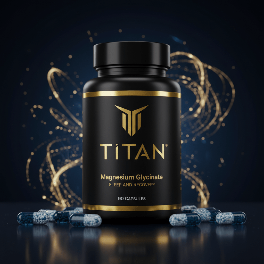 Black bottle of Titan Magnesium Glycinate with gold logo, text, and trim against a dark background with light streaks.