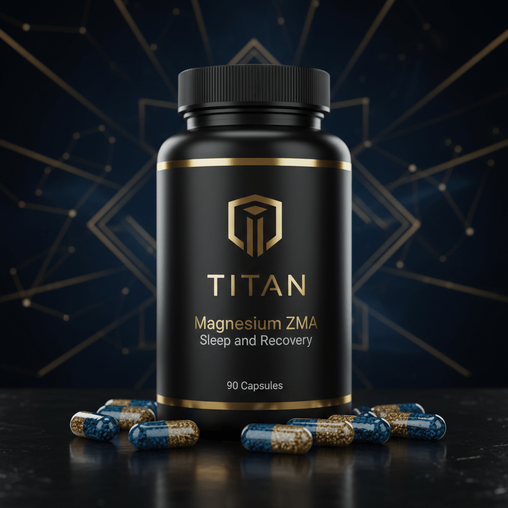 Black bottle of Titan Magnesium ZMA 90 capsules with gold logo on a dark reflective surface with scattered capsules.