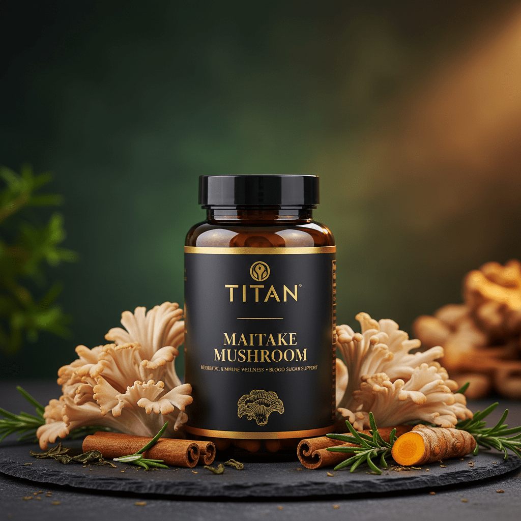 TITAN Maitake Mushroom supplement bottle in black with gold text, surrounded by mushrooms, cinnamon, and herbs.
