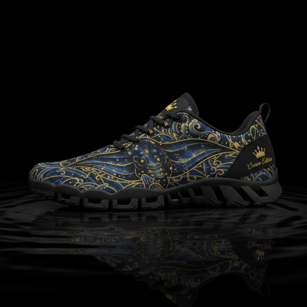 Titan Manta Ray swim shoe in dark blue with gold manta ray and scroll patterns, featuring Crown Edition branding.