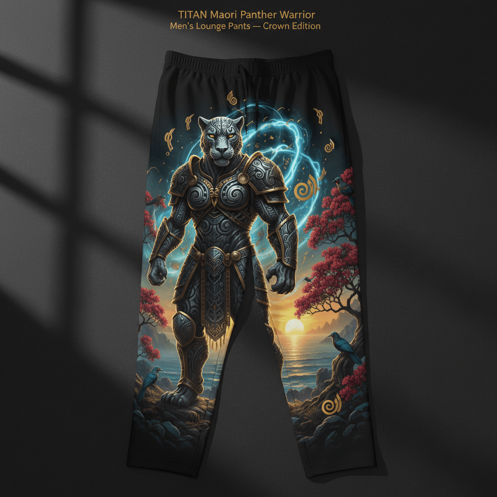 Black men's lounge pants featuring a Maori-armored panther warrior amidst a sunset, seascape, and swirling blue light.