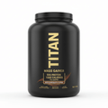 Black tub of TITAN Mass Gainer (5lb) with bold gold text, highlighting 50g protein and rich chocolate flavor.
