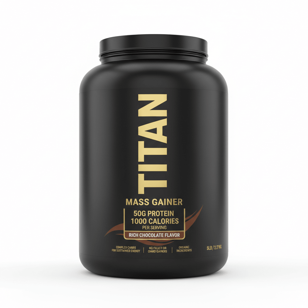 Black tub of TITAN Mass Gainer (5lb) with bold gold text, highlighting 50g protein and rich chocolate flavor.
