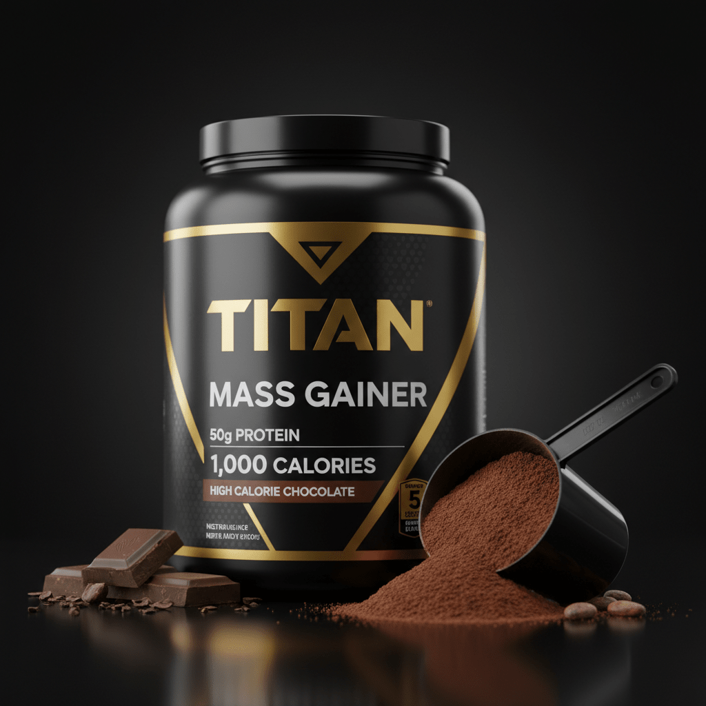 Black Titan Mass Gainer tub with gold logo, 50g protein, 1000 calories, scoop of chocolate powder, and dark chocolate.