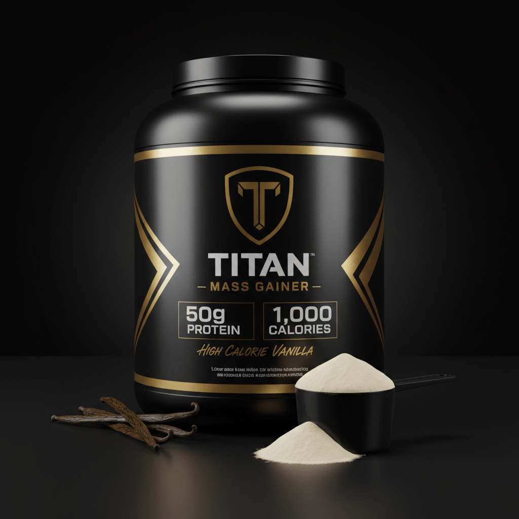 Black tub of TITAN Mass Gainer with gold branding, 50g protein/1000 calories label, vanilla beans, and protein scoop.