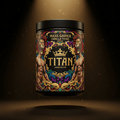 Black tub of TITAN Mass Gainer, Vanilla Titan, featuring ornate, colorful lion and crown graphics on a spotlight.