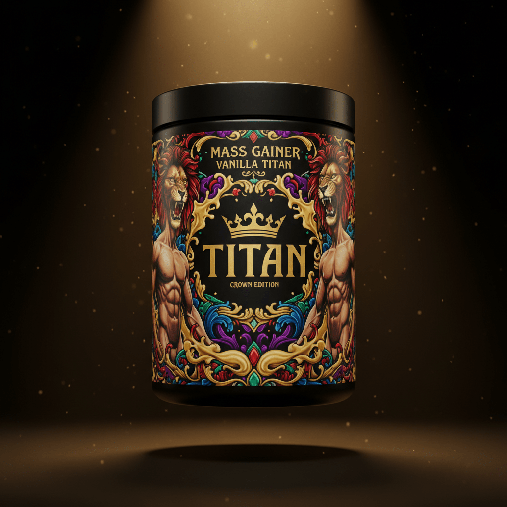 Black tub of TITAN Mass Gainer, Vanilla Titan, featuring ornate, colorful lion and crown graphics on a spotlight.
