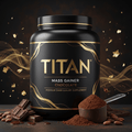Black tub of TITAN Chocolate Mass Gainer with gold swirl accents, chocolate pieces, and a scoop of powder on a table.